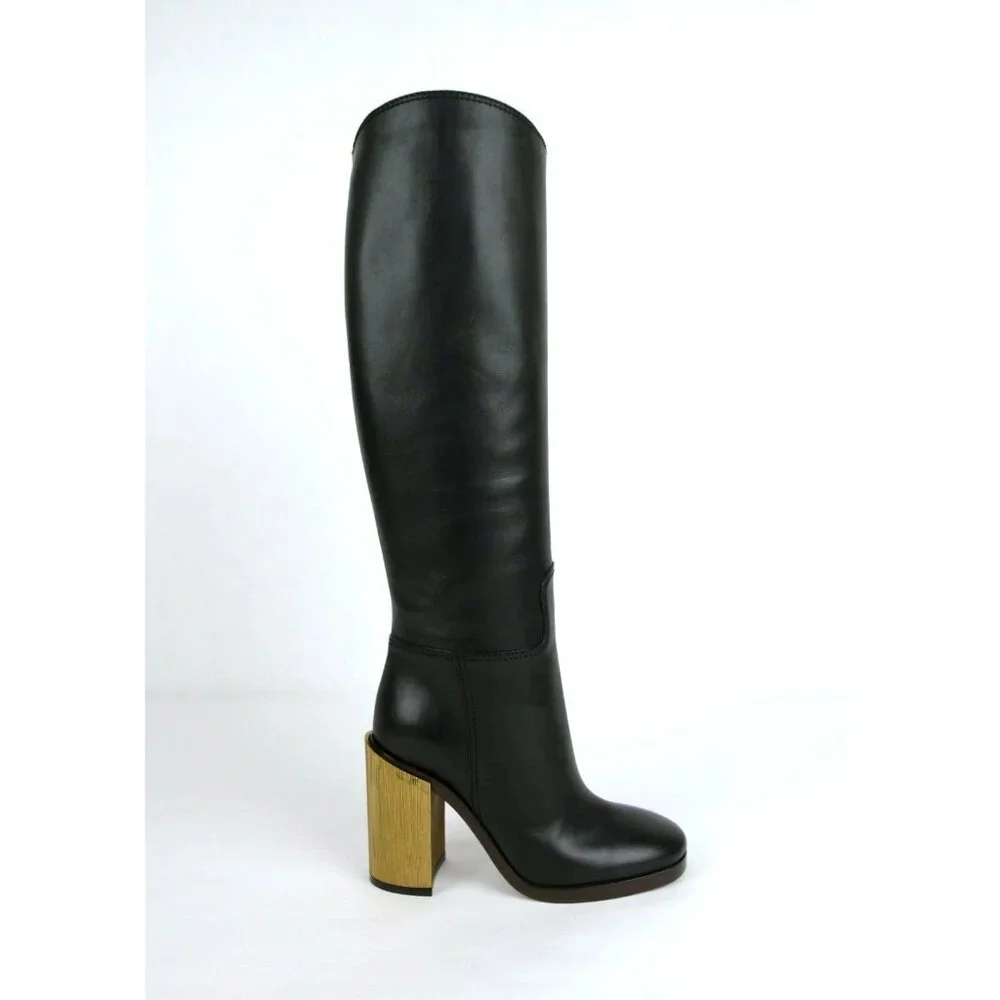 NIB $1800 Gucci Lifford Leather Gold Tone Striped Metallic Knee Boots Black Size